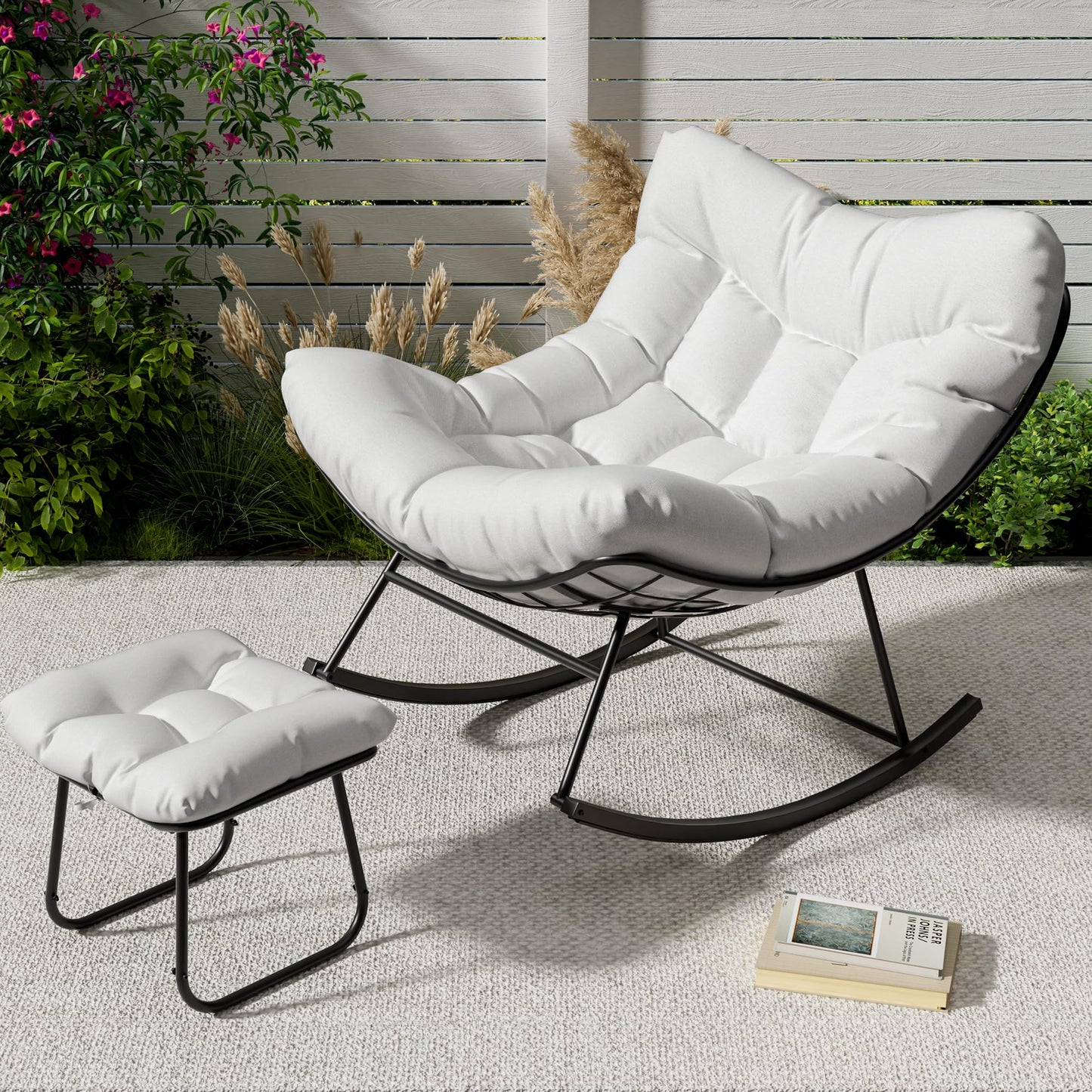 GarveeLife Outdoor Oversized Papasan Rocking Chair with Footrest, Patio Lounge Chair with Ottoman and Sturdy Metal Frame, Patio Egg Rocker for Balcony Backyard Porch Bedroom, White