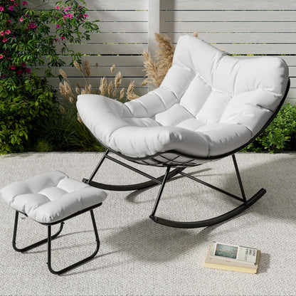 GarveeLife Outdoor Oversized Papasan Rocking Chair with Footrest, Patio Lounge Chair with Ottoman and Sturdy Metal Frame, Patio Egg Rocker for Balcony Backyard Porch Bedroom, White