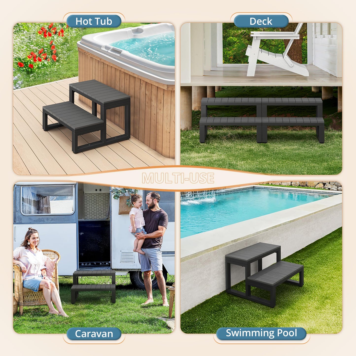 LUE BONA Hot Tub Steps, Outdoor 2-Step Stool with HDPS Treads and Aluminum Frame, Non-Slip Multi Purpose Stairs for Straight Sided Spa, Swimming Pool, Porch, RV, Deck, Kitchen for Adults, Dark Grey