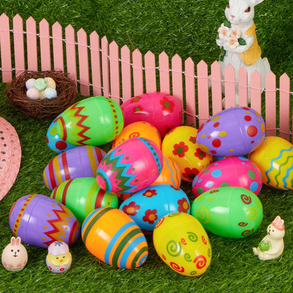 JOYIN Toy 18 PCs Plastic Printed Bright Easter Eggs, Over 3.15'' Tall Fillable Empty Eggs Bulks for Easter Hunt, Basket Stuffers Fillers, Classroom Prize Supplies, Filling Treats and Party Favor