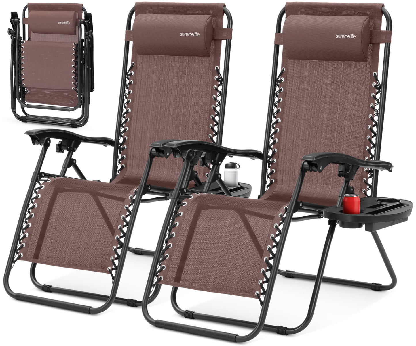 SereneLife Zero Gravity Lounge Chairs Set of 2, Adjustable Outdoor Recliners with Lockable Positions, Side Table Cup Holders, Padded Headrest Pillows, Foldable Steel Frame Patio Chairs (Brown)