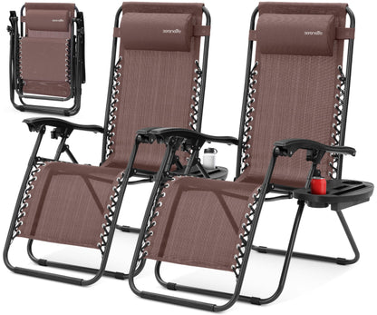 SereneLife Zero Gravity Lounge Chairs Set of 2, Adjustable Outdoor Recliners with Lockable Positions, Side Table Cup Holders, Padded Headrest Pillows, Foldable Steel Frame Patio Chairs (Brown)