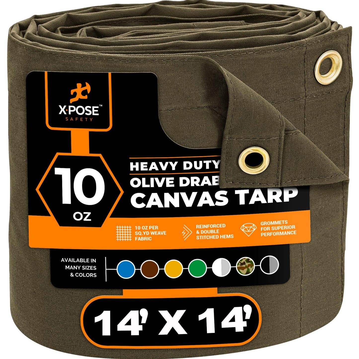 Xpose Safety Canvas Tarp - 10oz Olive Drab Canvas Tarps Heavy Duty Water Resistant with Brass Grommets- Multipurpose Outdoor Tarpaulin for Camping, Canopy, Trailer, Equipment Cover 14' x 14'