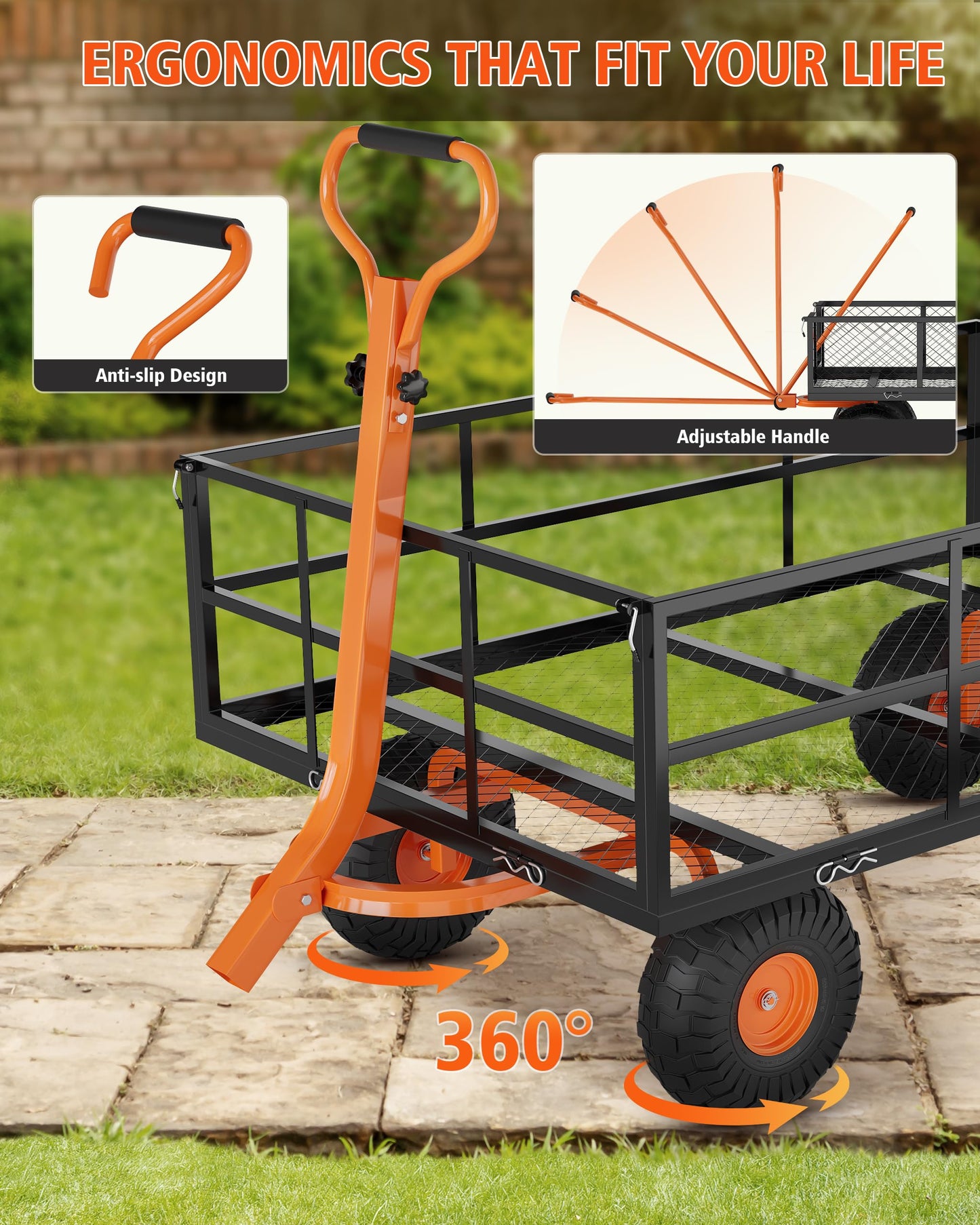 Heavy Duty Steel Garden Cart Wagon, 1200LBS Capacity Utility Trailer with Removable Mesh Sides, Convertible Flatbed for Lawn Mower, Yard Work, Soil, Mulch & Plant Transport