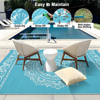 IDEALHOUSE Outdoor Rug 9x12 Ft, Waterproof Plastic Reversible Rug, Persian Style Camping Mat for Outdoors, RV, Patio, Backyard, Deck, Picnic, Beach, Trailer, Camping(Light Blue & White)
