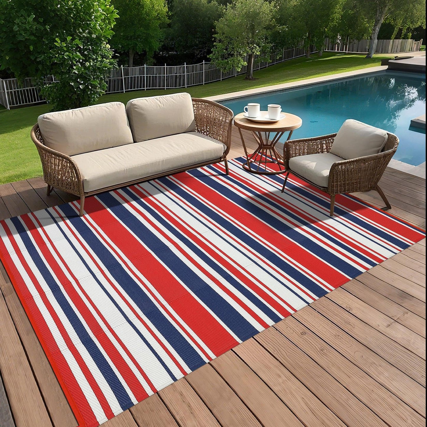 IDEALHOUSE Outdoor Rug 9x18 Ft, Waterproof Plastic Reversible Rug, Modern Camping Mat for Outdoors, RV, Patio, Backyard, Deck, Picnic, Beach, Trailer(Red & Navy & White)