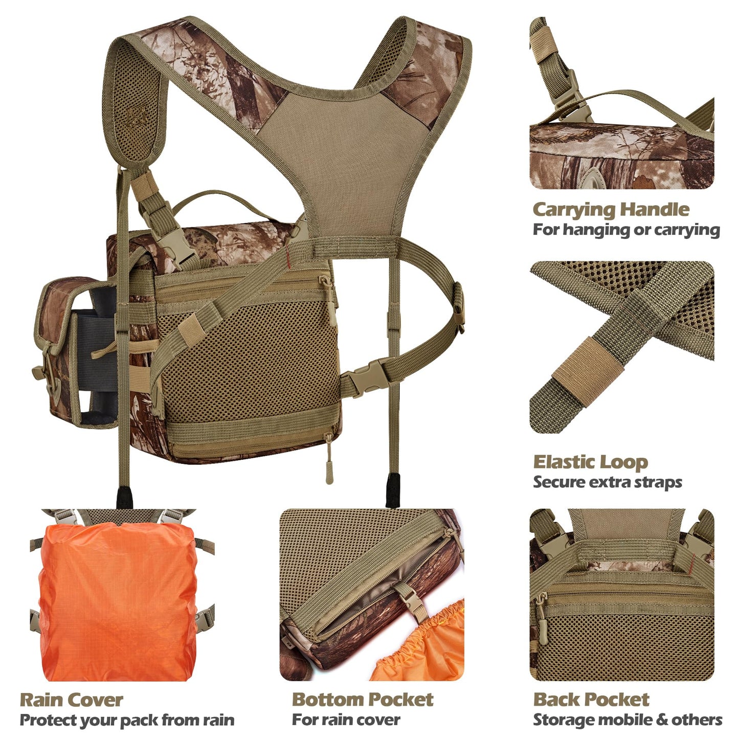 NEW VIEW 60L Hunting Backpack with Waterproof Rain Cover & Bino Packs for Hunting - Binocular Straps Harness Chest Pack