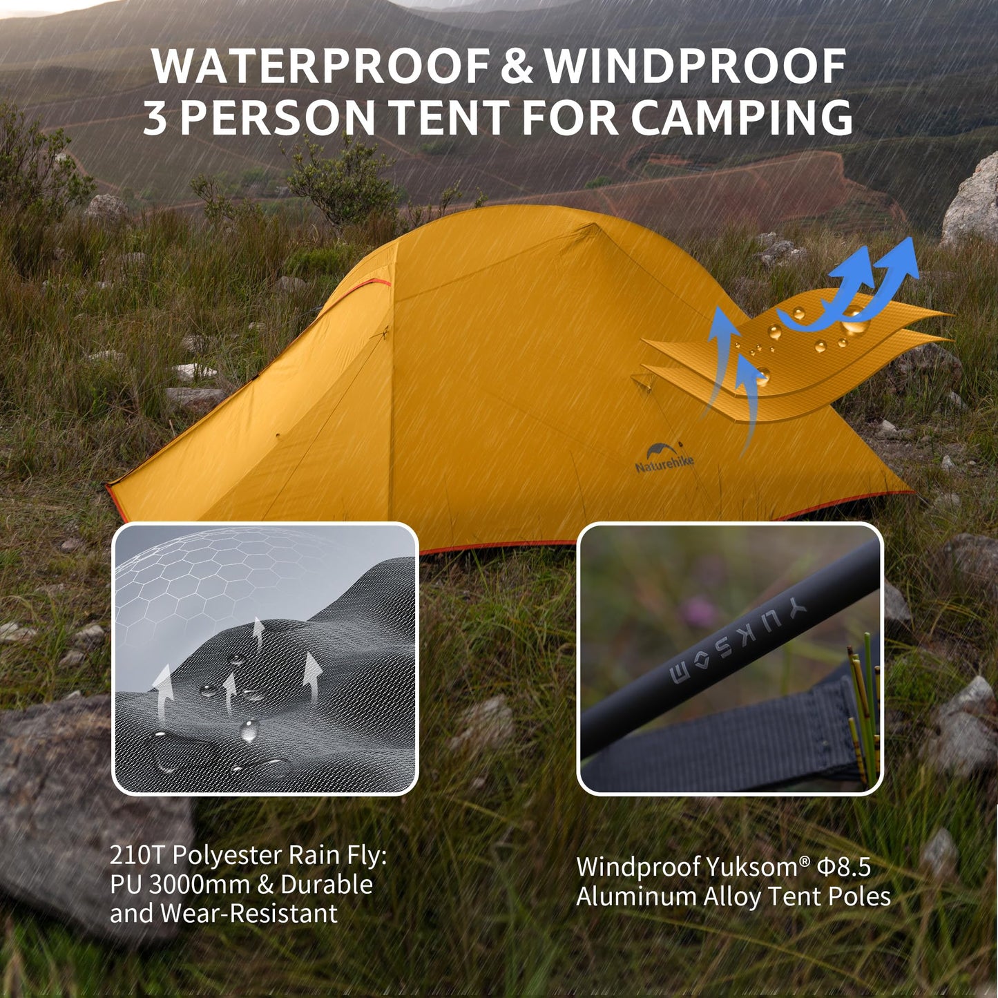 Naturehike Cloud Up 3 Person Backpacking Tent with Footprint - 3 Season Free Standing Lightweight 3 Person Camping Tent | with Footprint, Free Standing, Dome, Camping, Hiking, Waterproof