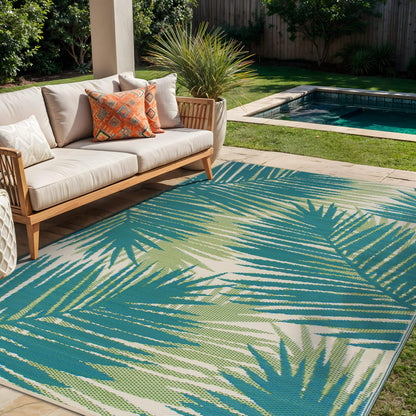 Rugshop Tropical Floral Reversible Crease-Free Waterproof Premium Recycled Plastic Outdoor Rugs for Patio,Backyard,RV,Deck,Picnic,Trailer,Beach,Camping Green 7'10" x 10'