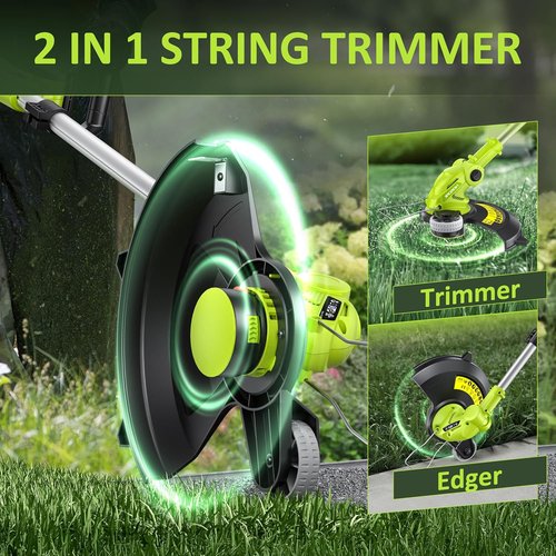 JAGROM 20V Cordless Electric String Trimmer - 12-Inch Lawn Mower & Edger with 2 Batteries & Charger