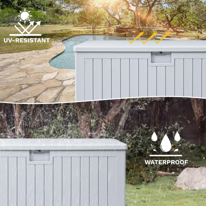 DWVO 180 Gallon Resin Outdoor Storage Box, XXL Double-Wall Waterproof Deck Box, Doubles as Table or Seating with 1000 lbs Capacity, Lockable (Grayish-White)