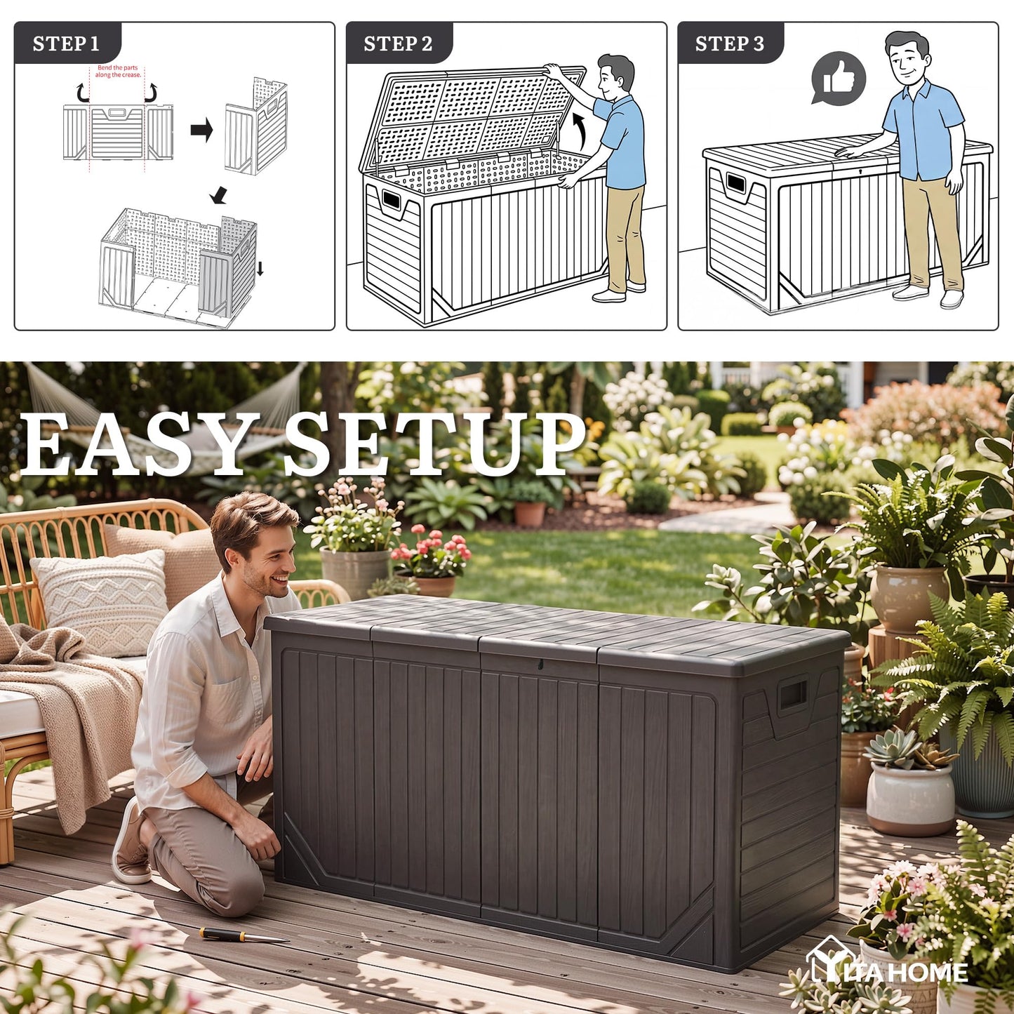 YITAHOME XXL 300 Gallon Extra Large Outdoor Deck Box, Lockable Resin Double-Wall Storage Box and Waterproof Patio Furniture Bin for Garden Tools & Pool Accessories, Brown