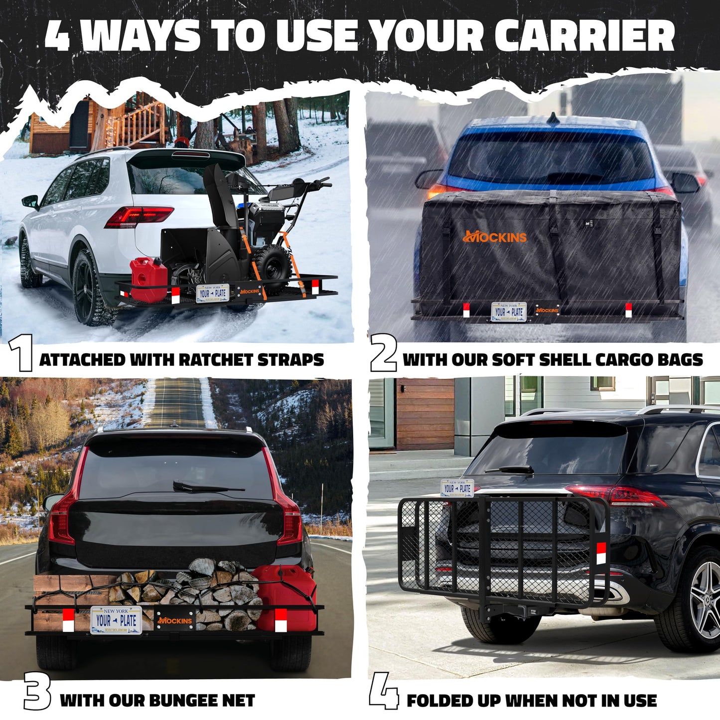 Mockins Folding Luggage Rack for SUV Car Truck ATV & More | 500 lb. Capacity Steel Trailer Hitch Cargo Carrier 60"x20"x6" w/ 16 Cu Ft Waterproof Cargo Bag for Hitch Carrier & Cargo Trailer Accessories