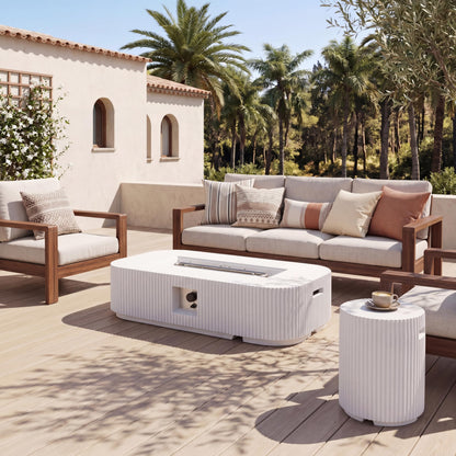 Christopher Knight Home 48.2 Inch Outdoor Rectangular Fire Pit Set with Tank Cover Side Table, MgO Concrete Propane Fire Pit 50000 BTU, White Modern Patio Heating Table Set