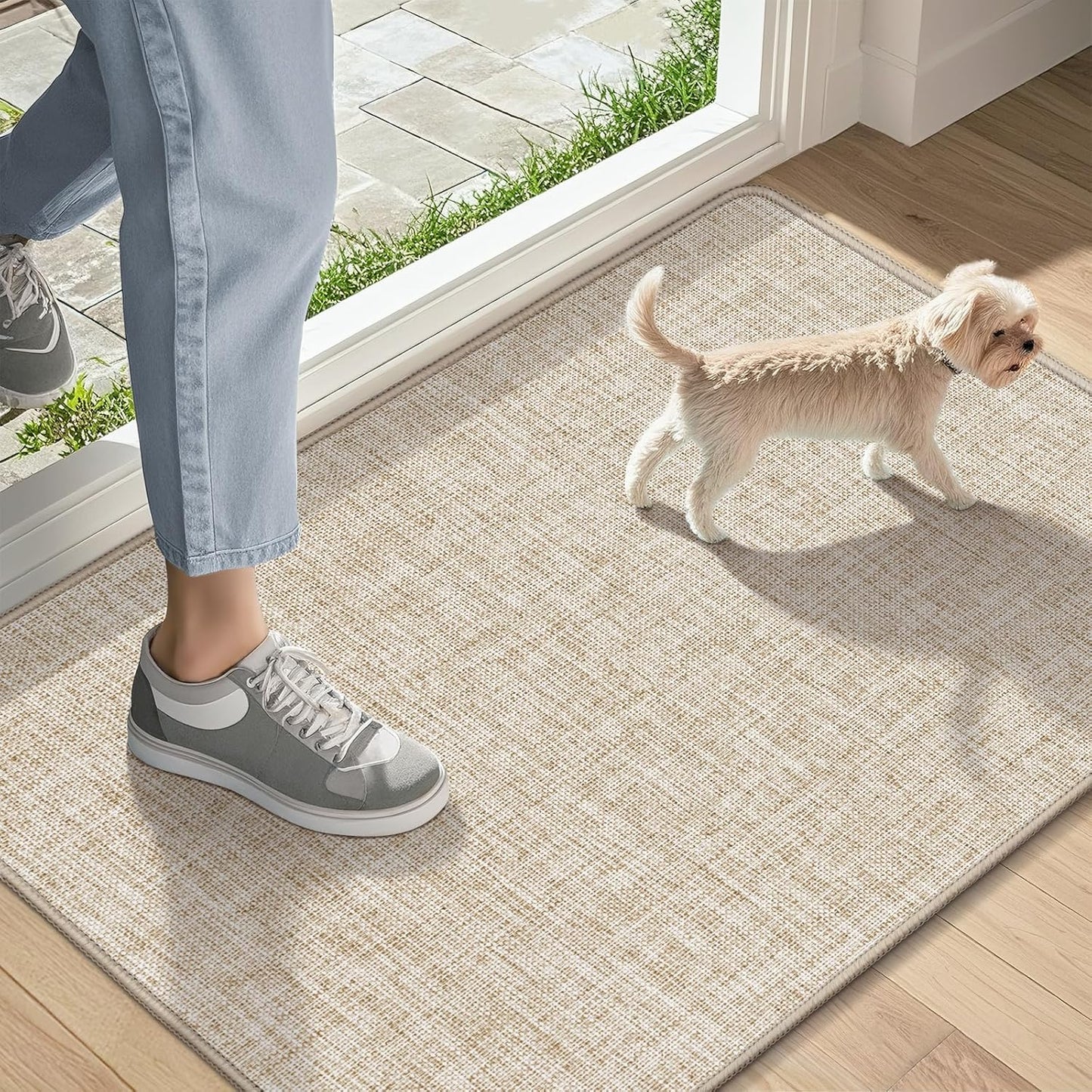 LEKEEPGO Ultra Thin Indoor Door Mat - Non-Slip Rubber Backing | Washable 17"x29" Khaki Entry Mat