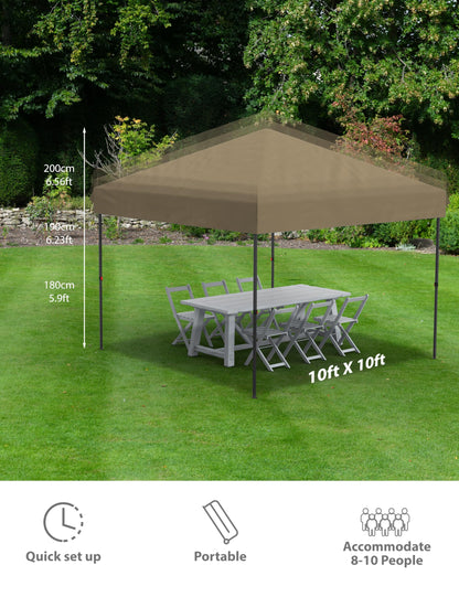 10x10 Pop Up Canopy with 3 Sidewalls - Outdoor Canopy Tent with Portable Roller Bag - One Button Push Setup, 3 Adjustable Height, 4 Weight Bags, 8 Stakes & 4 Guy Ropes Included, Khaki