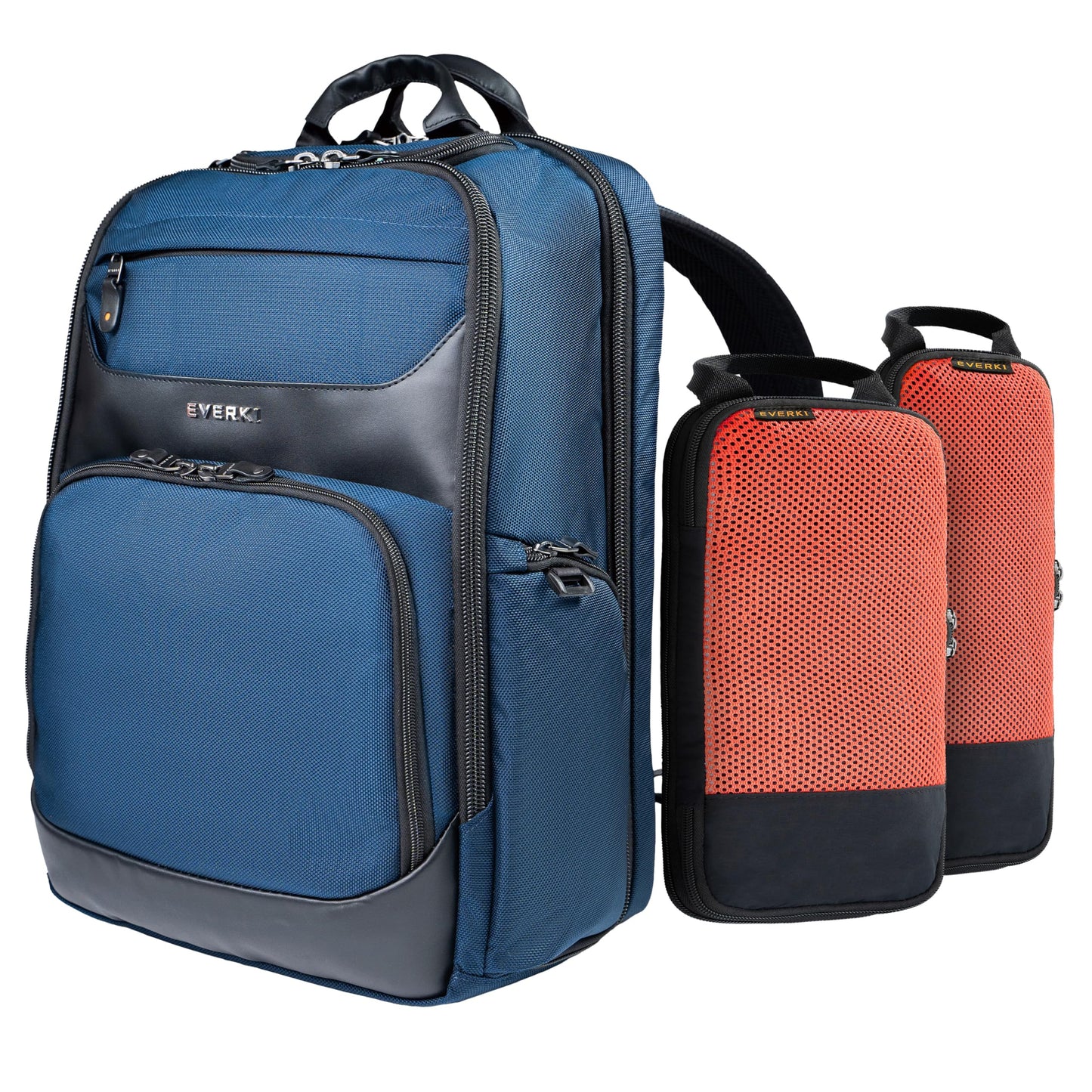 EVERKI Onyx Premium Business Executive Laptop Backpack + Compression Packing Cube Set (S & M), 36L Capacity, 17.3" Laptop Compartment, Durable Water-Repellent Nylon & Leather Office Backpack - Navy