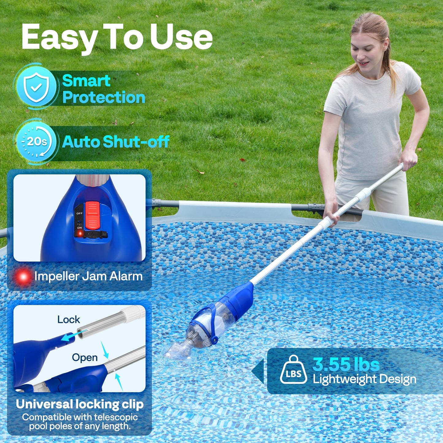 VIVOHOME Handheld Pool Vacuum 13.2 GPM Suction Cordless Pool Cleaner 20W Powerful Motor Long-Run 60min Battery, Adjustable Pole for Above Ground & In-Ground Pools, Spas - Blue