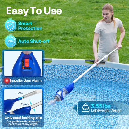 VIVOHOME Handheld Pool Vacuum 13.2 GPM Suction Cordless Pool Cleaner 20W Powerful Motor Long-Run 60min Battery, Adjustable Pole for Above Ground & In-Ground Pools, Spas - Blue