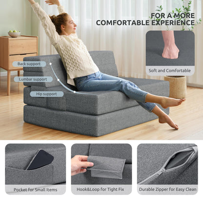 Youzi Folding Sofa Bed Queen, 6 Inches Foam Floor Sofa and Folding Mattress with Washable Cover, Fold Out Couch for Guests, Camping and Travel, Dark Gray, 80" x 60" x 6"