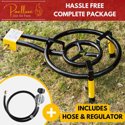 Paelluxe Paella Burner and Stand Set 16 Inch Dual Ring Propane Burner Outdoor Stove with Table Top Stand & Regulator, Portable Gas Cooker Wok Burner for Camping, Crawfish Boil Cooking Outdoor Paellera