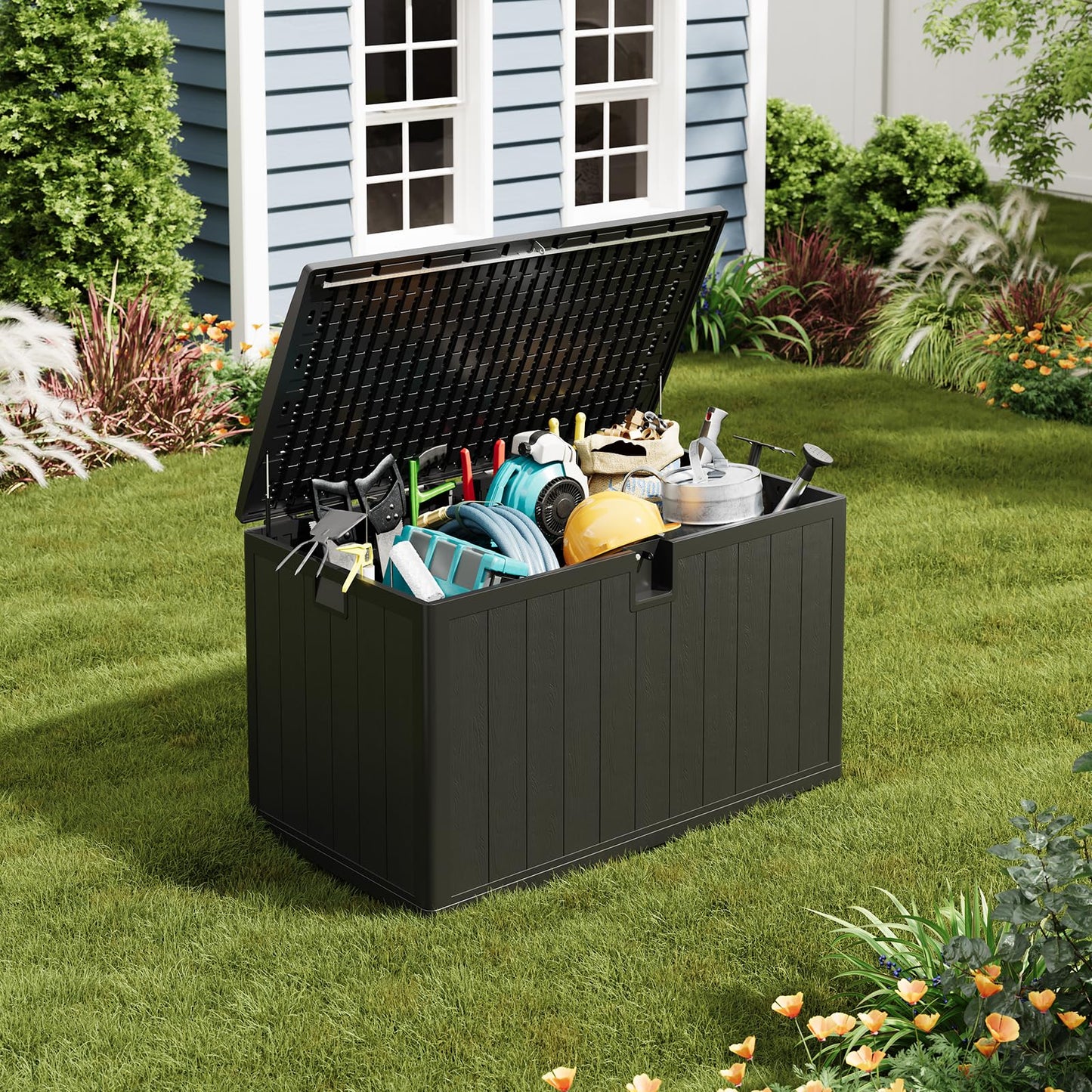 JoanKaren 130 gal Outdoor Storage Box Waterproof with Lockable Lid, All-Weather Deck Box with Side Handle, Outdoor Storage Bin for Patio Furniture, Pool Accessories, Gardening Tools, Black