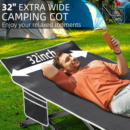 Fragess Portable Camping Cot, 32" Extra Wide Camping Cots for Everyone with Thick Cushion, Heavy Duty Sleeping Cot Holds Up to 600LBS, Cots for Sleeping, Rv, Beach, Patio, Office Naps(Blue)