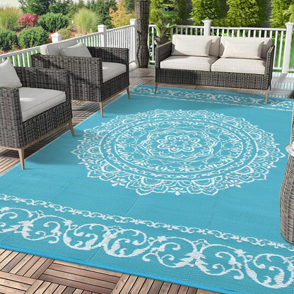 IDEALHOUSE Outdoor Rug 9x12 Ft, Waterproof Plastic Reversible Rug, Persian Style Camping Mat for Outdoors, RV, Patio, Backyard, Deck, Picnic, Beach, Trailer, Camping(Light Blue & White)
