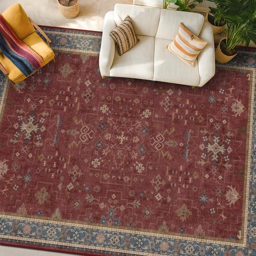 Hazo Haus Oriental Area Rug - Large 7x10 Burgundy Soft Non-Slip Design for Bedroom & Living Room