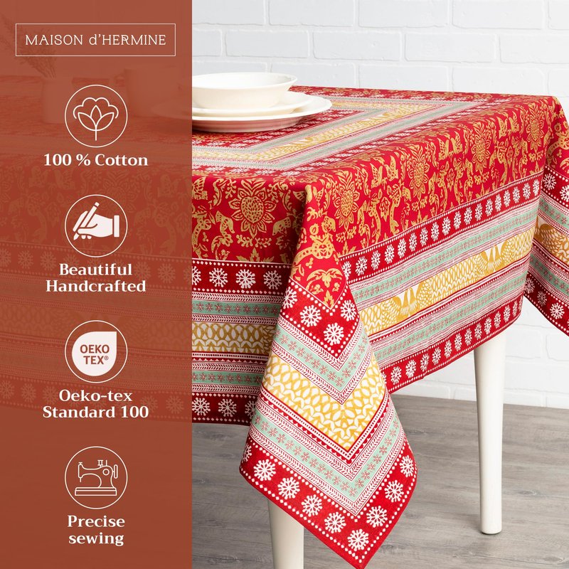 Maison d' Hermine Table Cloth Square Table 100% Cotton 60 x 60 Inches Fall Tablecloth Reusable Everyday Use for Thanksgiving Christmas Decorations Dining Farmhouse Party (Sofia)