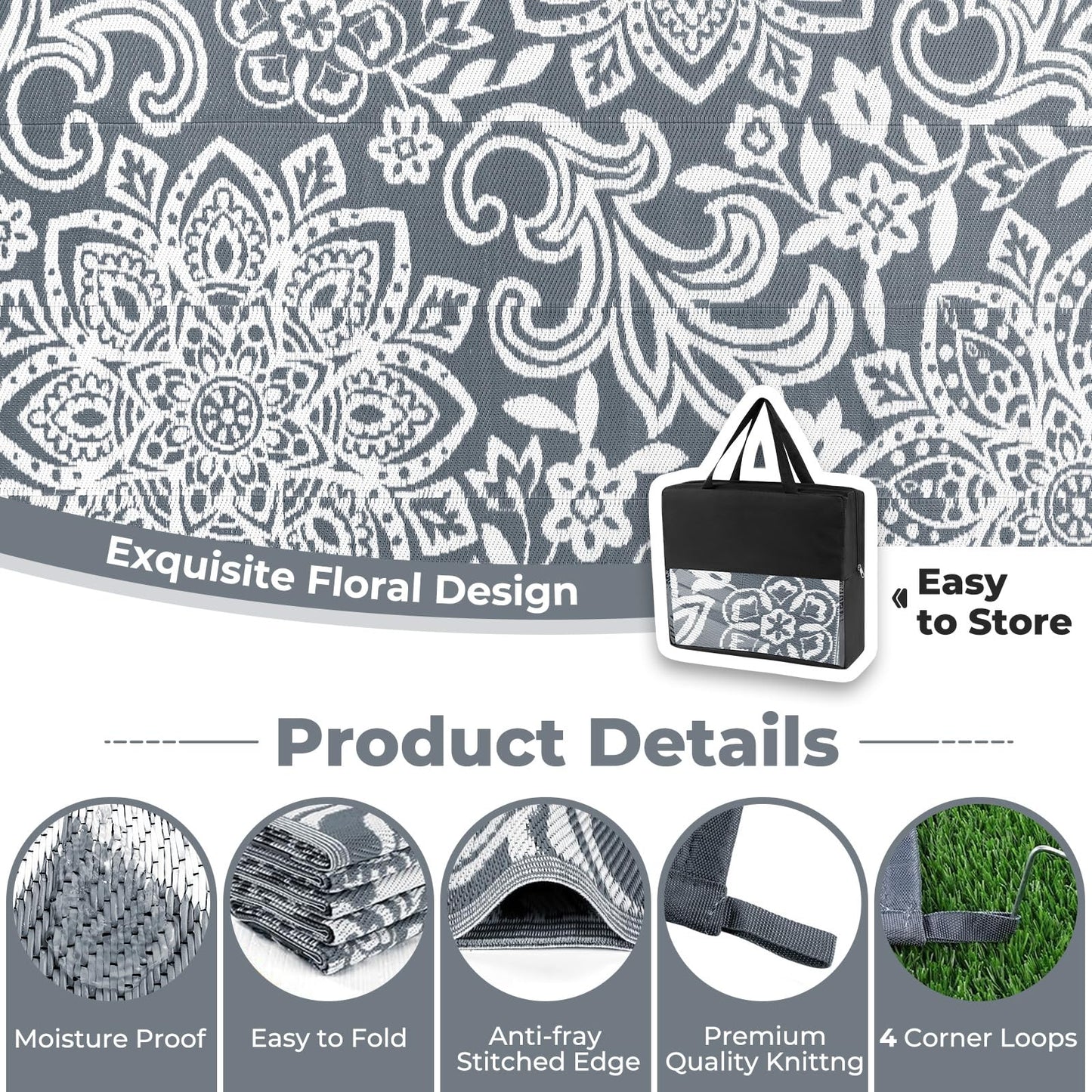 Findosom Waterproof Outdoor Rug 9' x 18' - Reversible Mandala Outdoor Plastic Straw Rug, Durable Foldable Patio Rug for RV, Deck, Balcony, Backyard, Picnic, Porch, Camping, Beach, Gray