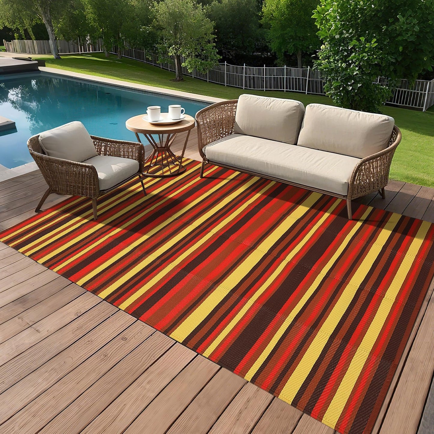 Garvee Outdoor Rug 9x18 Waterproof Outside Carpet for Patio, Reversible Modern Colorful Stripe RV Rug, Durable UV Resistant Deck Mat for Poolside Garden Backyard Balcony
