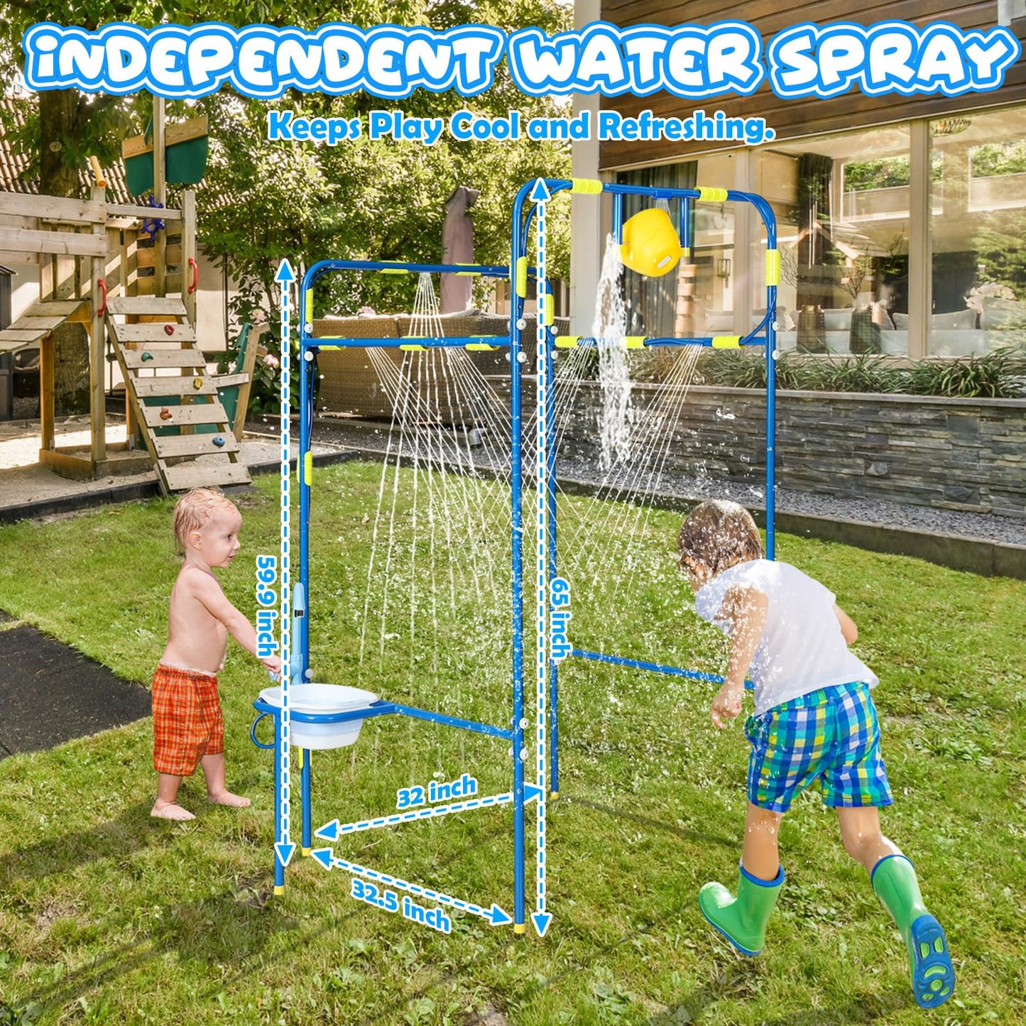 THISWUW Backyard Waterpark for Kids, Heavy-Duty Steel Water Park Sprinkler Toy Game with Splash Buckets, Collapsible Wash Basin & Water Faucets, Water Play Activities Outdoor Summer Toys