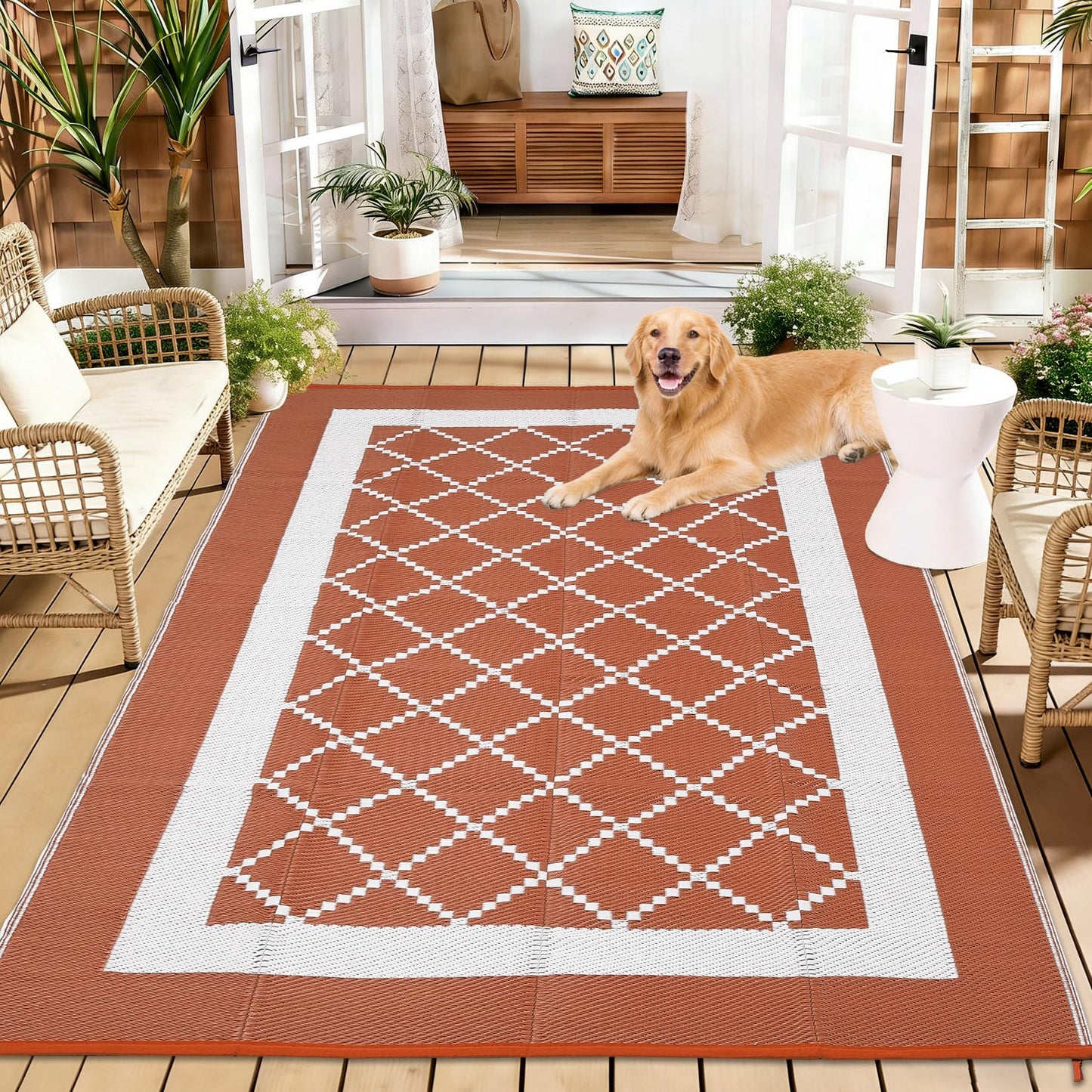 MilleLoom Patio Modern Geometric Outdoor Rug 10x14 Waterproof Large Reversible Camping Mat Foldable Lightweight Plastic Straw Outdoor Rug for Deck, Picnic, Porch, Camper, Balcony, Beach, Rv，Orange