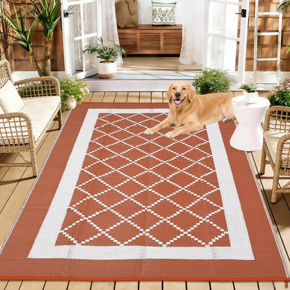 MilleLoom Patio Modern Geometric Outdoor Rug 10x14 Waterproof Large Reversible Camping Mat Foldable Lightweight Plastic Straw Outdoor Rug for Deck, Picnic, Porch, Camper, Balcony, Beach, Rv，Orange