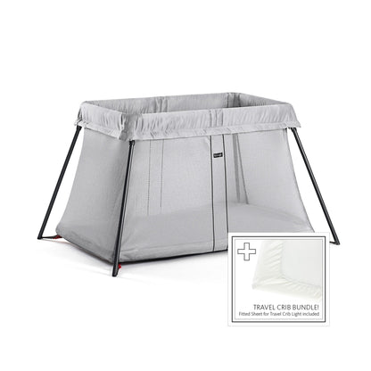 BabyBjörn Travel Crib Light - Silver + Fitted Sheet Bundle Pack