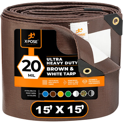 Xpose Safety 15' x 15' Brown/White Ultra Heavy Duty Tarp - 20 Mil - Heavy Duty Waterproof - Extra Large Tarp,Waterproof Tarp Cover Rain Camping,Tent Tarp,UV Protection,Reinforced Corners