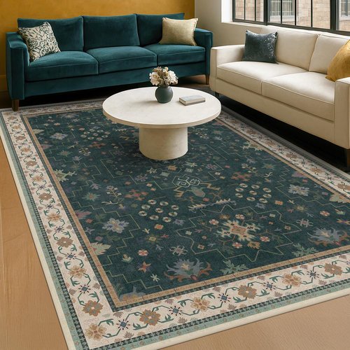 Hazo Haus Dark Green Oushak 5x7 Area Rug - Modern Vintage Boho Floral Design, Washable Non-Slip for Living Room & Nursery