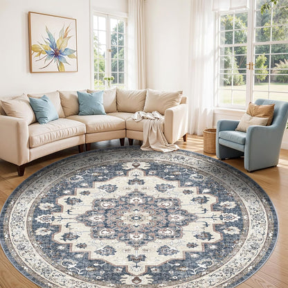 Skiennix Washable Circle Rug - 6ft Round Indoor Carpet | Ultra Thin, Water Resistant, Floral Design in Blue