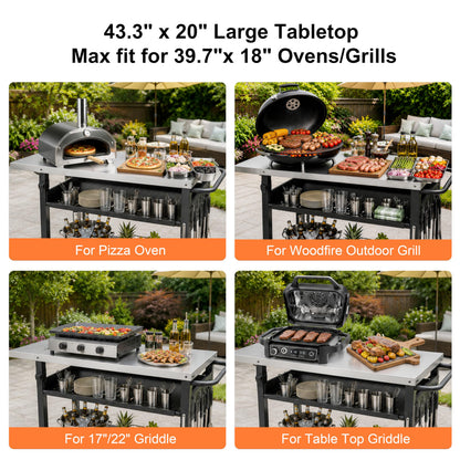 Outdoor Grill Cart for Blackstone/Ooni/Ninja, 43.3"x20" Stainless Steel Outdoor Grill Table with Propane Tank Mount & Wheels, Movable Outdoor Cooking Table with Storage for Pizza Oven, Patio, Camping