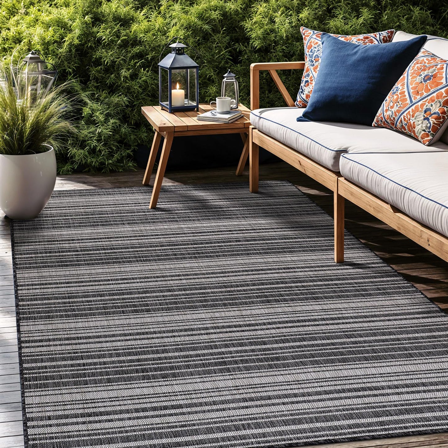 Luul Home Stripe Outdoor Rug 10x14 Washable Outside Carpet for Indoor Patio Porch Waterproof Easy Cleaning Non Shedding Area Rugs Dark Gray 10 x 14