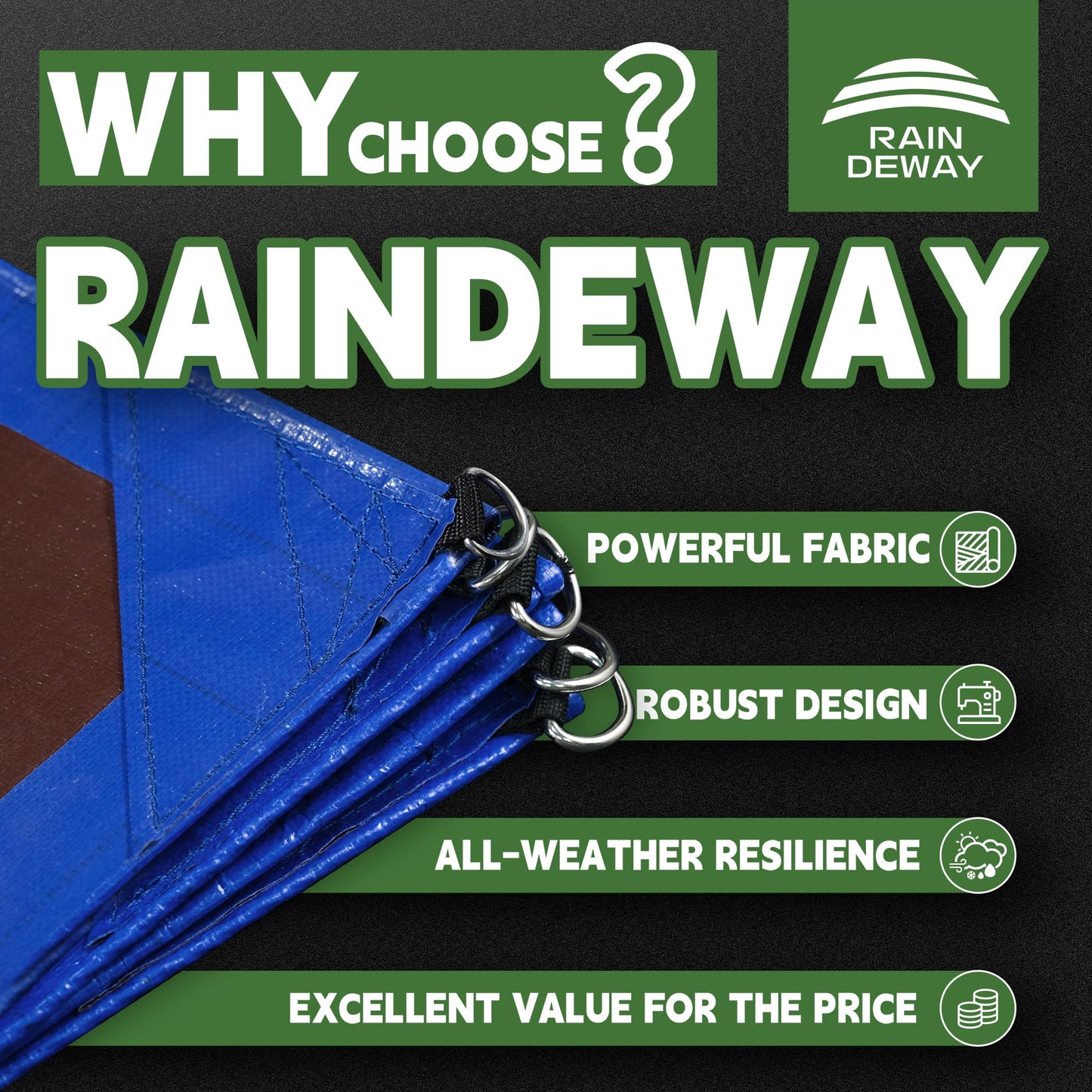 RAINDEWAY Tarp 20x25 Feet Tarps Heavy Duty Waterproof with D-Rings, Reinforced Corners and Edges,UV Resistant,Multipurpose Poly Tarp for Roof,Wood,Camping,Blue/Brown