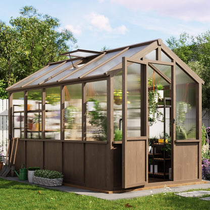 Garvee 6x10 FT Wooden Greenhouse - Walk-in Greenhouses for Outdoors, Large Spruce Frame Green House with PC Panels, Adjustable Roof Vents & Lockable Door, Green Houses for Garden,Backyard,Patio,Lawn