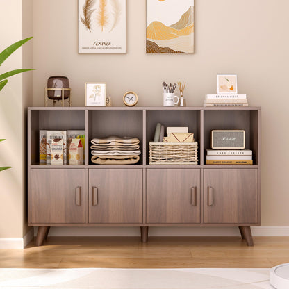OSCHF Cubby Shelf Bookcase with Doors - Wooden 8 Cubes Floor Standing Open Bookshelf with Solid Wood Legs, 2-Tier Low Storage Cabinet, Walnut