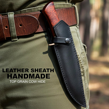 KIMPE Handmade Copper Damascus Hunting Knife – 11.5” Fixed Blade Bushcraft Knife with Engraved Guard, Resin Handle, Full Tang, Leather Sheath – Outdoor Survival, Camping & Gift Knife.