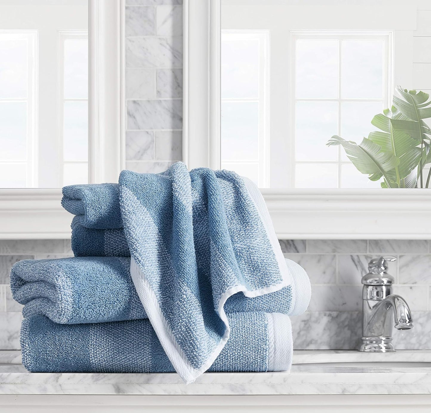 Nautica Bath Towel Set - Plush Cotton, Quick-Dry & Absorbent | Striped Americana Decor, Set of 6 in Oak Lake Blue