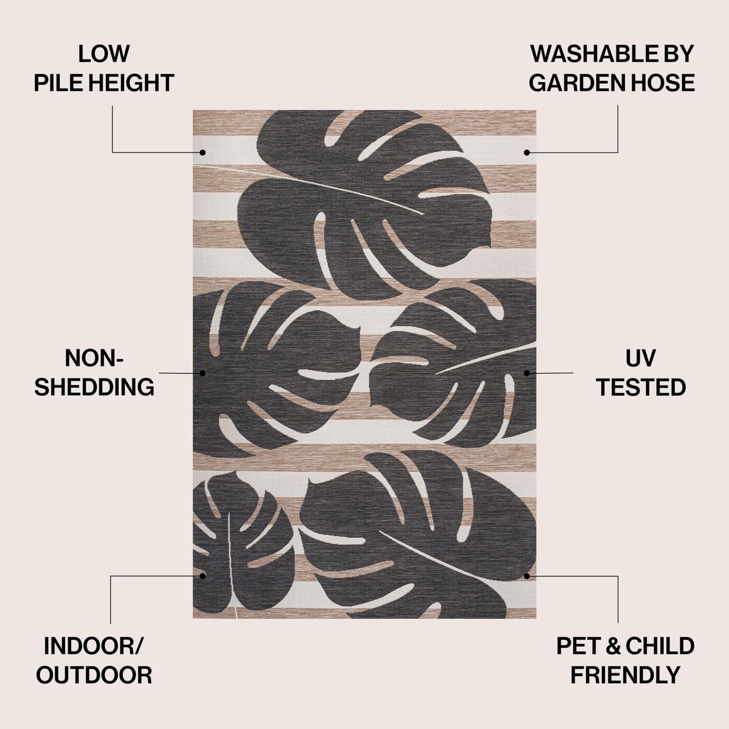 JONATHAN Y Beach Stripe and Monstera Leaf Indoor Outdoor Area Rug 8X10 Black/Beige, Allison Classic for Backyard, Patio, Porch, Easy-Cleaning, High Traffic, Pet-Friendly, Non-Shedding (TSN400A-8)