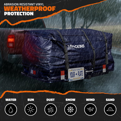 Mockins 60"x30"x6" Navy Trailer Hitch Cargo Carrier & 30 Cu Ft Waterproof Cargo Hitch Carrier Bag | 500 Lbs Cap Steel Folding Luggage Rack for SUV Truck Van & RV w/License Plate Bracket & Accessories