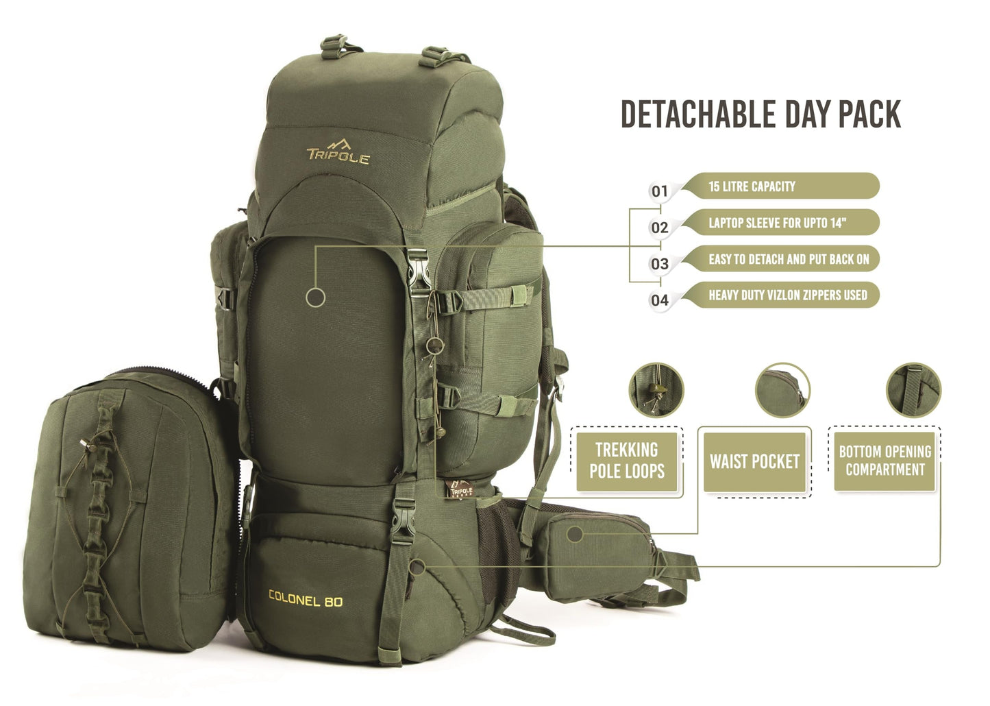 Tripole Colonel 95 Litres Internal Frame Rucksack + Detachable Day Pack, Rain Cover, Army Green