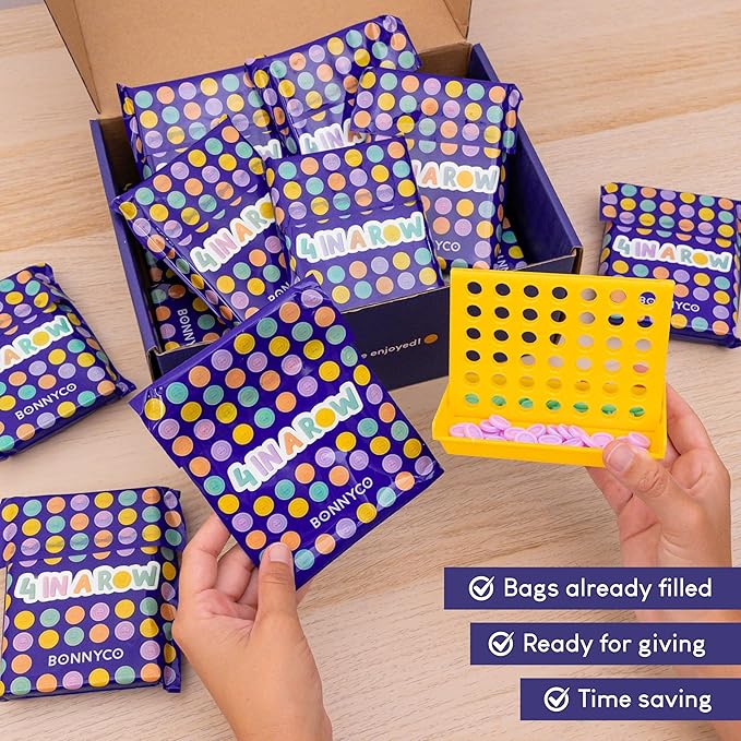 BONNYCO 4 in a Row Pack of 16 Birthday Party Favors for Kids Age 5-12. Classroom Prizes for Students Bulk Gifts Mini Travel Board Games and Toys Goodie Bags and Pinata Stuffers
